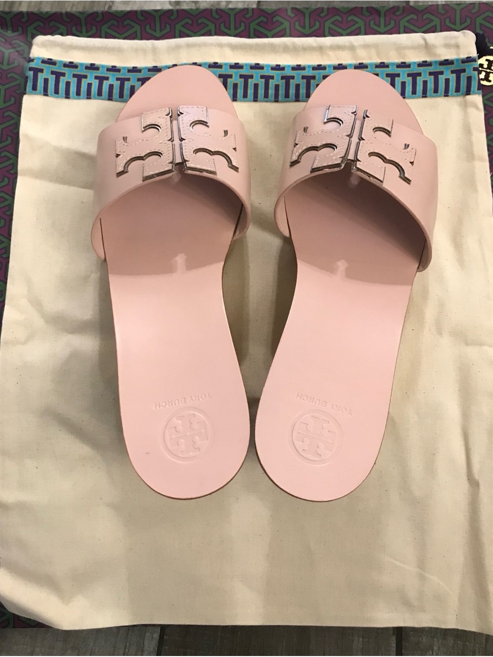Tory Burch Blush Pink Leather Slide Sandals with Signature Logo